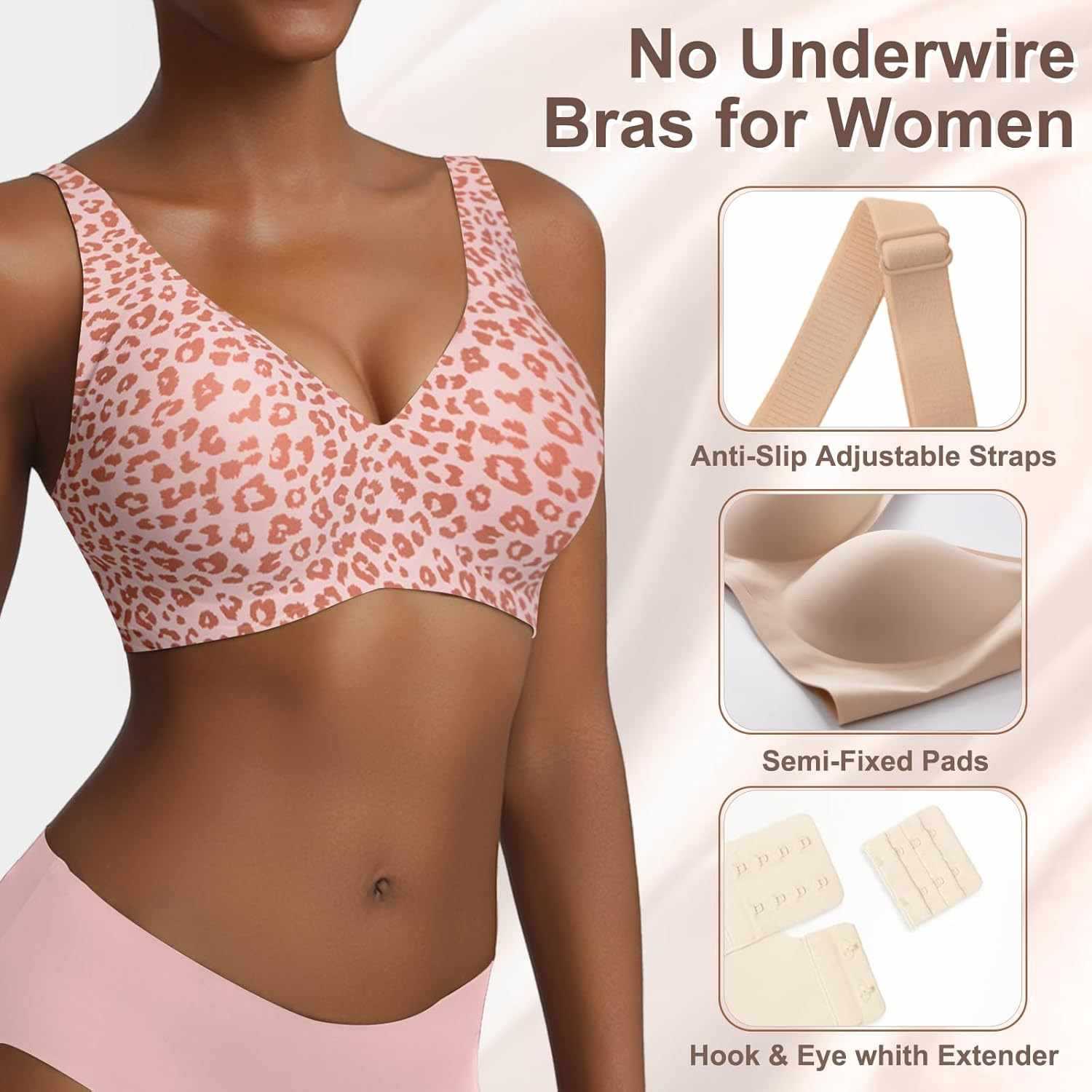 Women's Seamless Pink Leopard  - Plunge Bra Push Up 评论和价格