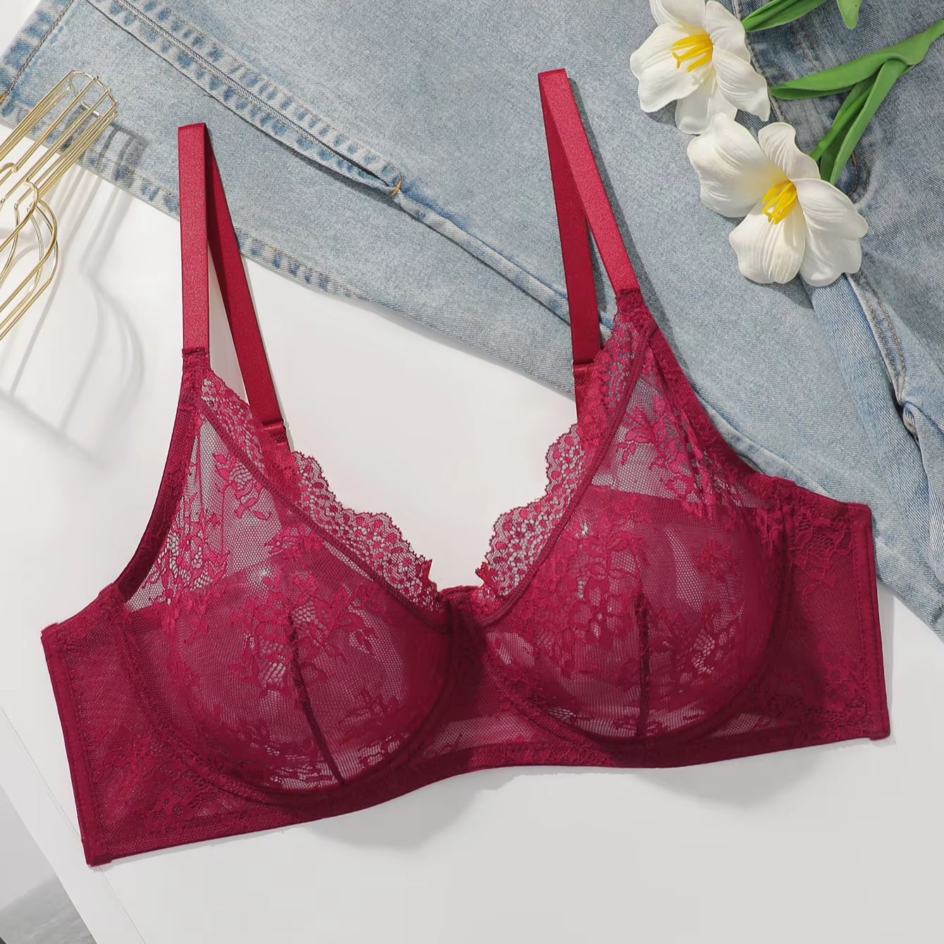 Women Plus Size Red Lace Sheer - Sheer Mesh Bra 评论和价格