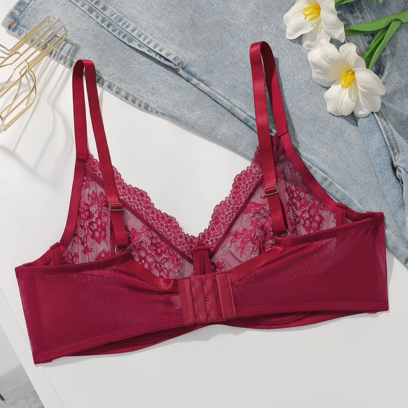 Women Plus Size Red Lace Sheer - Sheer Mesh Bra 评论和价格