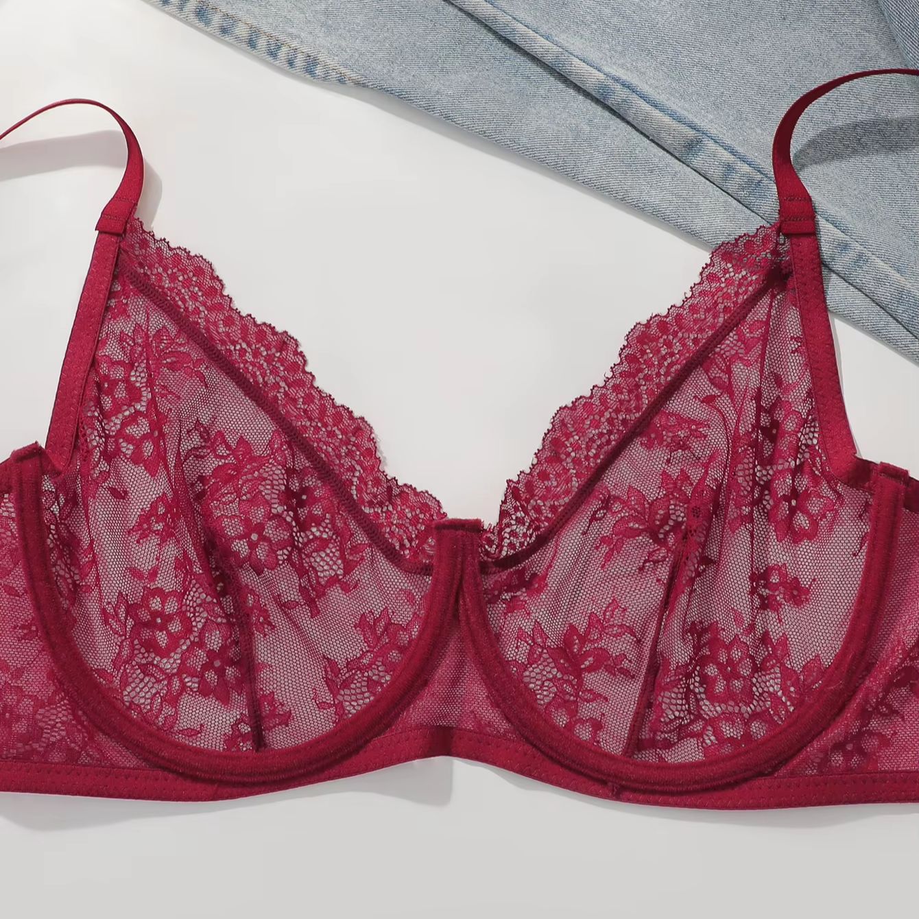 Women Plus Size Red Lace Sheer - Sheer Mesh Bra 评论和价格